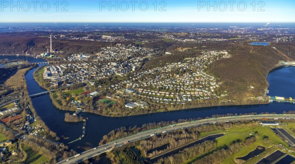 Aerial view, town view, Ruhr river, Ruhr viaduct, Stiftsmühle dam, Herdecke, Ruhr area, North Rhine-Westphalia, Germany, A1 motorway, City, DE, Europe, distant view, property tax, real estate, aerial view, aerial photography, aerial photography, townscape, urban area, weir, overview, bird's eye view, weir, living and life, residential area, residential buildings, birds-eyes view, former Stiftsmühle weir, overview