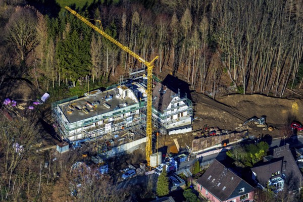 Aerial view, construction site, new development area on Bergweg, Herdecke, Ruhr area, North Rhine-Westphalia, Germany, construction work, construction area, construction site, building plots, construction crane, construction measure, construction project, construction site, DE, development, Europe, aerial view, aerial photography, aerial photography, new construction, overview, bird's eye view, forest dieback, birds-eyes view, overview