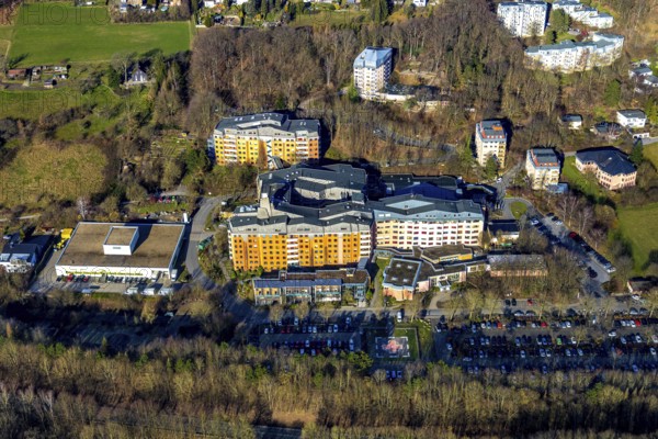 Aerial view, community hospital Herdecke, Waldorfkindergarten Herdecke, Herdecke, Ruhr area, North Rhine-Westphalia, Germany, general hospital, DE, Europe, Gerhard-Kienle-Weg, healthcare, property tax, high-rise buildings, hospital, real estate, clinic, clinic centre, hospital, aerial photograph, aerial photography, aerial photography, medical facility, medical aid, overview, bird's-eye view, living and life, residential area, residential buildings, anthroposophic medicine, birds-eyes view, holistic medicine, overview, medical care