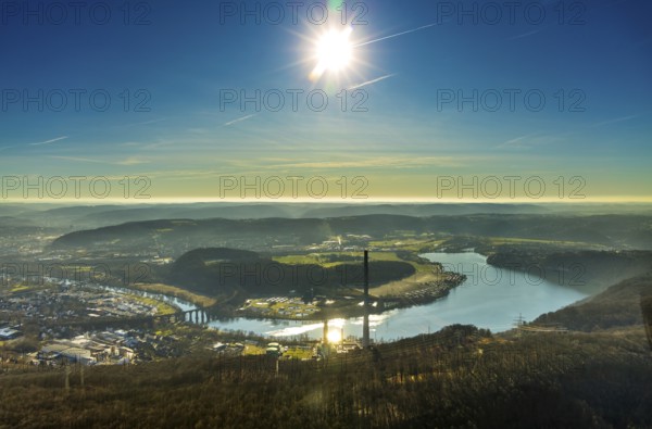 Aerial view, landscape panorama, Harkortsee, river Ruhr, view to Hagen-Vorhalle, Herdecke, Ruhr area, North Rhine-Westphalia, Germany, view to Sauerland, bridge, Cuno power plant, DE, Europe, backlight, hilly landscape, Kaisberg, sewage treatment plant, landscape, aerial view, aerial photography, aerial photography, Ruhr viaduct Herdecke, Ruhrverband sewage treatment plant Hagen, sun, overview, bird's eye view, meadows and fields, birds-eyes view, overview