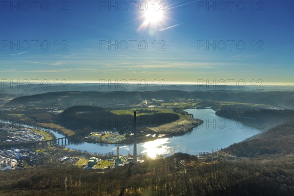Aerial view, landscape panorama, Harkortsee, river Ruhr, view to Hagen-Vorhalle, Herdecke, Ruhr area, North Rhine-Westphalia, Germany, view to Sauerland, bridge, Cuno power plant, DE, Europe, backlight, hilly landscape, Kaisberg, sewage treatment plant, landscape, aerial view, aerial photography, aerial photography, Ruhr viaduct Herdecke, Ruhrverband sewage treatment plant Hagen, sun, overview, bird's eye view, meadows and fields, birds-eyes view, overview