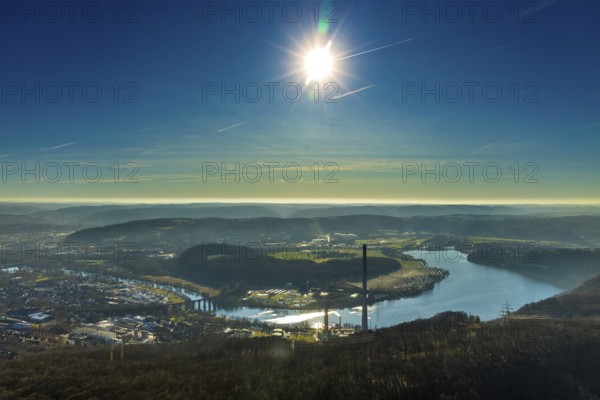 Aerial view, landscape panorama, Harkortsee, river Ruhr, view to Hagen-Vorhalle, Herdecke, Ruhr area, North Rhine-Westphalia, Germany, view to Sauerland, bridge, Cuno power plant, DE, Europe, backlight, hilly landscape, Kaisberg, sewage treatment plant, landscape, aerial view, aerial photography, aerial photography, Ruhr viaduct Herdecke, Ruhrverband sewage treatment plant Hagen, sun, overview, bird's eye view, meadows and fields, birds-eyes view, overview