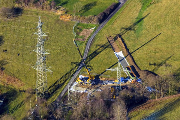 Aerial view, construction site In der Erdbrügge, new high-voltage pylons, In der Erdbrügge, Herdecke, Ruhr area, North Rhine-Westphalia, Germany, construction work, construction vehicles, construction area, construction site, construction crane, construction project, construction site, DE, development, Europe, aerial view, aerial photography, aerial photography, overview, bird's-eye view, overview, high-voltage line, high-voltage pylons, north-south line, energy transition