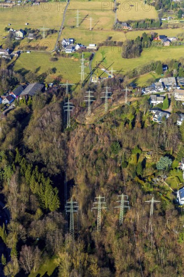 Aerial view, forest area with new high-voltage pylons, In der Erdbrügge, Herdecke, Ruhr area, North Rhine-Westphalia, Germany, DE, Europe, aerial view, aerial photography, aerial photography, power line, power pylons, overview, bird's-eye view, forest area, birds-eyes view, overview