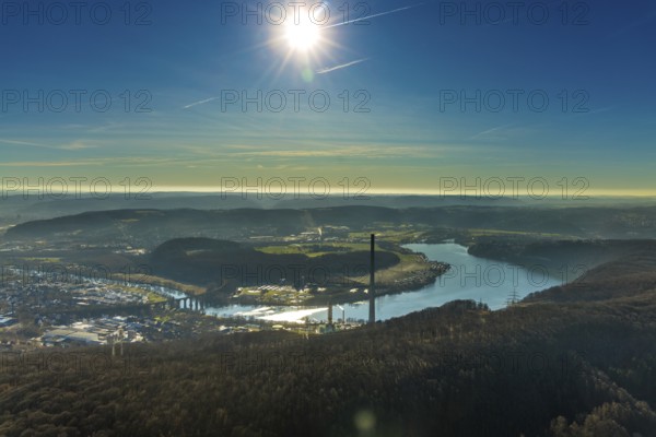 Aerial view, landscape panorama, Harkortsee, river Ruhr, view to Hagen-Vorhalle, Herdecke, Ruhr area, North Rhine-Westphalia, Germany, view to Sauerland, bridge, Cuno power plant, DE, Europe, backlight, hilly landscape, Kaisberg, sewage treatment plant, landscape, aerial view, aerial photography, aerial photography, Ruhr viaduct Herdecke, Ruhrverband sewage treatment plant Hagen, sun, overview, bird's eye view, meadows and fields, birds-eyes view, overview