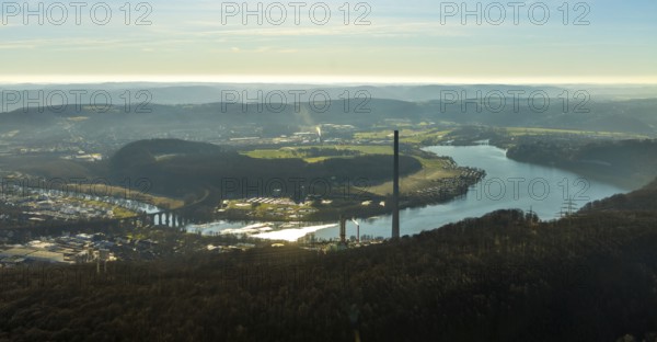 Aerial view, landscape panorama, Harkortsee, river Ruhr, view to Hagen-Vorhalle, Herdecke, Ruhr area, North Rhine-Westphalia, Germany, view to Sauerland, bridge, Cuno power plant, DE, Europe, backlight, hilly landscape, Kaisberg, sewage treatment plant, landscape, aerial view, aerial photography, aerial photography, Ruhr viaduct Herdecke, Ruhrverband sewage treatment plant Hagen, sun, overview, bird's eye view, meadows and fields, birds-eyes view, overview