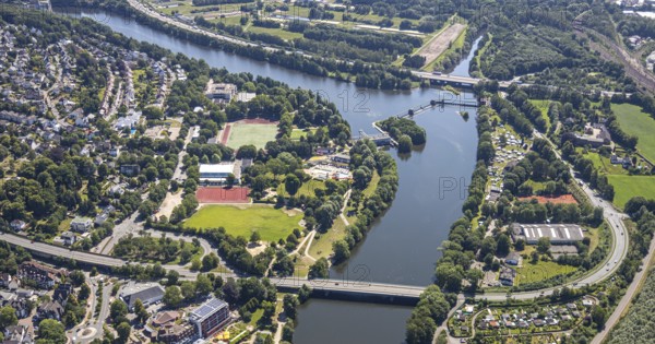 Aerial view, Ruhr river, Stiftsmühle dam, Stiftsmühle power station, Ruhr bridge Herdecke, Bleichstein sports and leisure centre, Herdecke open-air swimming pool, Marine Jugend Iserlohn campsite, Herdecke, Ruhr area, North Rhine-Westphalia, Germany, Hagener Straße bridge, B54 federal road, camping, camping site, campsite, city, Cuno power station, DE, Europe, distant view, Bleichstein leisure centre, football pitch, football stadium, property tax, real estate, city centre, Hengstey run-of-river power station, aerial view, aerial photography, aerial photography, sport, sports facility, sports facilities, sports field, sports venue, city view, urban area, dam, weir, tennis, tennis event centre Herdecke, tennis facility, tennis courts, tennis club, overview, bird's-eye view, weir, residential area, living and life, residential area, residential buildings, quality of life, residential area, housing estate, birds-eyes view, camping, former Stiftsmühlenwehr, overview