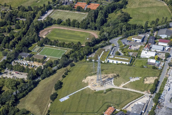 Aerial view, commercial area Gahlenfeld, construction site, power line, sports facility Herdecke-Ende, end, Herdecke, Ruhr area, North Rhine-Westphalia, Germany, construction work, construction area, construction site, construction measure, construction project, DE, Europe, football pitch, football club, Gahlenfeld, Gahlenfeldstraße, industrial area, industrial estate, industrial park, industrial site, aerial view, aerial photography, aerial photography, sports, sports facilities, sports field, sports facility, tennis, tennis facility, tennis courts, tennis club, overview, bird's-eye view, birds-eyes view, overview