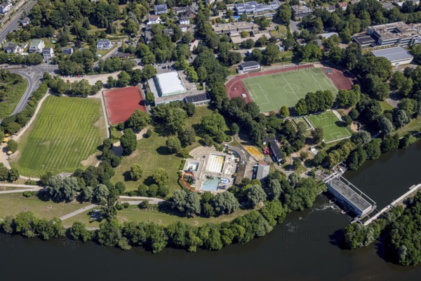 Aerial view, sports and leisure centre Bleichstein, outdoor swimming pool Herdecke, Herdecke, Ruhr area, North Rhine-Westphalia, Germany, bathing establishment, bathing resort, DE, Europe, outdoor swimming pool, leisure, football pitch, football stadium, aerial view, aerial photography, aerial photography, swimming pool, swimming pool, sports, sports facilities, sports field, sports facility, overview, bird's-eye view, overview