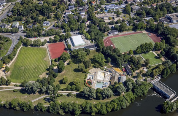 Aerial view, sports and leisure centre Bleichstein, outdoor swimming pool Herdecke, Herdecke, Ruhr area, North Rhine-Westphalia, Germany, bathing establishment, bathing resort, DE, Europe, outdoor swimming pool, leisure, football pitch, football stadium, aerial view, aerial photography, aerial photography, swimming pool, swimming pool, sports, sports facilities, sports field, sports facility, overview, bird's-eye view, overview
