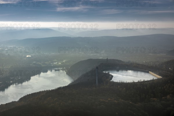 Aerial view, Ruhr, Köpchenwerk, pumped storage plant, Wittbräucke, Herdecke, Ruhr area, North Rhine-Westphalia, Germany, DE, Europe, birds-eyes, view, aerial photography, aerial photography, overview, overview, bird's eye view, Hengsteysee, energy, wind energy, power plant, electricity, power supply, electricity generation, power generation, waterway, shipping, transport, logistics, goods movement, ships, waters, water, leisure, swimming, boats, shipping, recreation