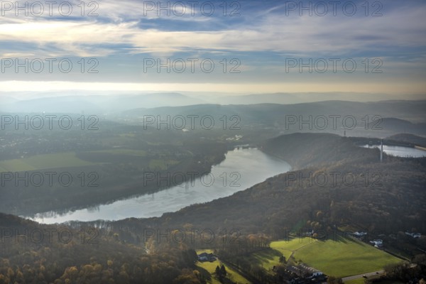 Aerial view, Ruhr, Köpchenwerk, pumped storage plant, Wittbräucke, Herdecke, Ruhr area, North Rhine-Westphalia, Germany, DE, Europe, birds-eyes, view, aerial photography, aerial photography, overview, overview, bird's eye view, Hengsteysee, energy, wind energy, power plant, electricity, power supply, electricity generation, power generation, waterway, shipping, transport, logistics, goods movement, ships, waters, water, leisure, swimming, boats, shipping, recreation