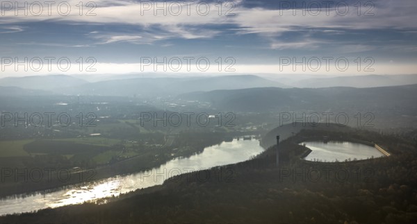 Aerial view, Ruhr, Köpchenwerk, pumped storage plant, Wittbräucke, Herdecke, Ruhr area, North Rhine-Westphalia, Germany, DE, Europe, birds-eyes, view, aerial photography, aerial photography, overview, overview, bird's eye view, Hengsteysee, energy, wind energy, power plant, electricity, power supply, electricity generation, power generation, waterway, shipping, transport, logistics, goods movement, ships, waters, water, leisure, swimming, boats, shipping, recreation