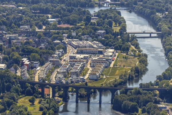 Aerial view, Quartier Ruhr-Aue Center, Ruhr promenade, Ruhr river, Ruhr viaduct Herdecke, Ruhr bridge Herdecke, Herdecke, Ruhr area, North Rhine-Westphalia, Germany, bridge Hagener Straße, DE, shopping centre, shopping markets, shopping square, shopping centre, railway bridge, Europe, commercial buildings, property tax, real estate, aerial view, aerial photography, aerial photography, local supply centre, Quartier Ruhr-Aue, Ruhraue, overview, bird's-eye view, living and working, living and life, residential area, residential buildings, residential quality, residential quarter, birds-eyes view, overview