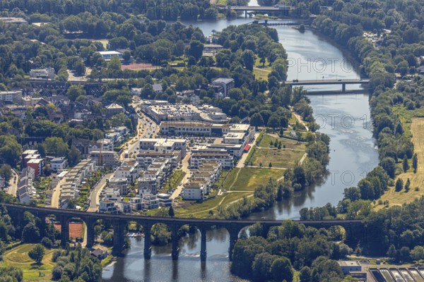 Aerial view, Quartier Ruhr-Aue Center, Ruhr promenade, Ruhr river, Ruhr viaduct Herdecke, Ruhr bridge Herdecke, Herdecke, Ruhr area, North Rhine-Westphalia, Germany, bridge Hagener Straße, DE, shopping centre, shopping markets, shopping square, shopping centre, railway bridge, Europe, commercial buildings, property tax, real estate, aerial view, aerial photography, aerial photography, local supply centre, Quartier Ruhr-Aue, Ruhraue, overview, bird's-eye view, living and working, living and life, residential area, residential buildings, residential quality, residential quarter, birds-eyes view, overview