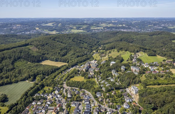 Aerial view, forest area with distant view, Community Hospital Herdecke, Waldorfkindergarten Herdecke, Herdecke, Ruhr area, North Rhine-Westphalia, Germany, General Hospital, DE, Europe, distant view, GKH Herdecke, Gerhard-Kienle-Weg, health care, property tax, green trees, high-rise buildings, hospital, helipad, real estate, clinic, clinical centre, hospital, aerial view, aerial photography, aerial photography, medical facility, medical aid, overview, bird's eye view, living and life, residential area, residential buildings, anthroposophic medicine, birds-eyes view, holistic medicine, overview, medical care