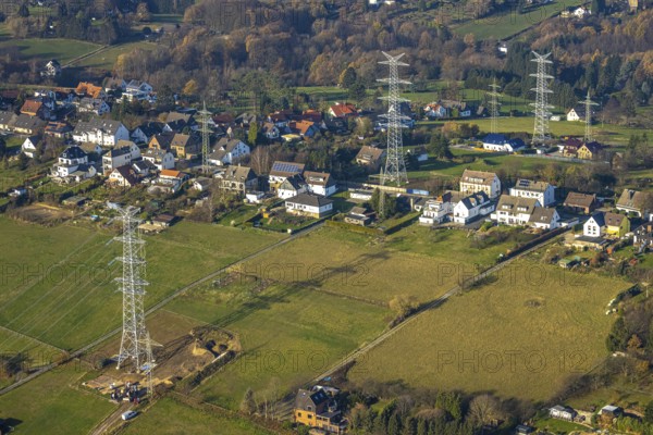 Aerial photo, construction power line Dortmund-Hagen, power pylons, high voltage, Ostend, Herdecke, Ruhr area, North Rhine-Westphalia, Germany, DE, Europe, birds-eyes, view, aerial photo, aerial photography, aerial photography, overview, overview, bird's eye view, power supply, energy, energy supply, power line
