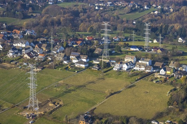 Aerial photo, construction power line Dortmund-Hagen, power pylons, high voltage, Ostend, Herdecke, Ruhr area, North Rhine-Westphalia, Germany, DE, Europe, birds-eyes, view, aerial photo, aerial photography, aerial photography, overview, overview, bird's eye view, power supply, energy, energy supply, power line
