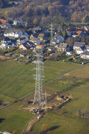 Aerial photo, construction power line Dortmund-Hagen, power pylons, high voltage, Ostend, Herdecke, Ruhr area, North Rhine-Westphalia, Germany, DE, Europe, birds-eyes, view, aerial photo, aerial photography, aerial photography, overview, overview, bird's eye view, power supply, energy, energy supply, power line