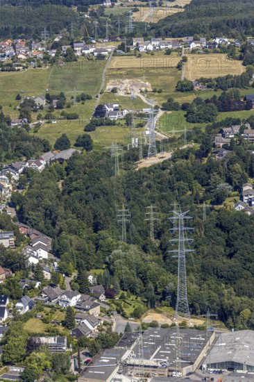 Aerial view, construction site power line with new high-voltage pylons, In der Erdbrügge, Herdecke, Ruhr area, North Rhine-Westphalia, Germany, construction work, construction area, construction site, construction project, construction site, DE, Europe, aerial view, aerial photography, aerial photography, power line, power pylons, power line, overview, bird's-eye view, forest area, birds-eyes view, overview