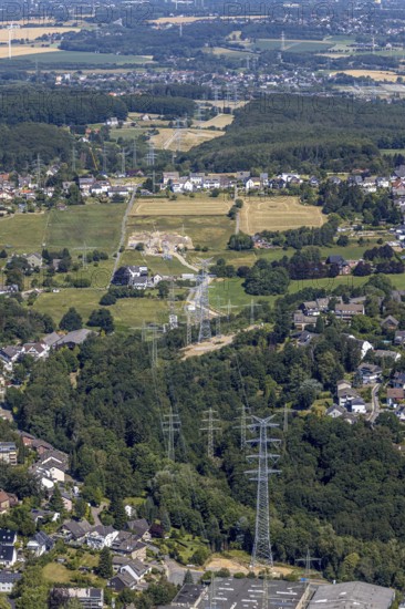 Aerial view, construction site power line with new high-voltage pylons, In der Erdbrügge, Herdecke, Ruhr area, North Rhine-Westphalia, Germany, construction work, construction area, construction site, construction project, construction site, DE, Europe, aerial view, aerial photography, aerial photography, power line, power pylons, power line, overview, bird's-eye view, forest area, birds-eyes view, overview