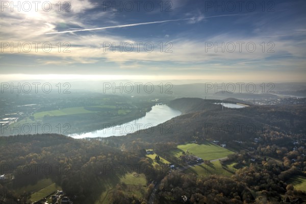 Aerial view, Ruhr, Köpchenwerk, pumped storage plant, Wittbräucke, Herdecke, Ruhr area, North Rhine-Westphalia, Germany, DE, Europe, birds-eyes, view, aerial photography, aerial photography, overview, overview, bird's eye view, Hengsteysee, energy, wind energy, power plant, electricity, power supply, electricity generation, power generation, waterway, shipping, transport, logistics, goods movement, ships, waters, water, leisure, swimming, boats, shipping, recreation