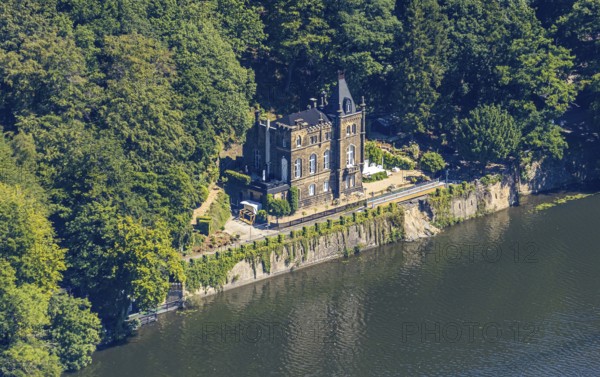 Aerial view, Seeschlösschen Niedernhof, Hengsteysee, Herdecke, Ruhr area, North Rhine-Westphalia, Germany, café, DE, food and drink, Europe, inn, gastronomy, aerial view, aerial photography, aerial photography, restaurant, lake, sight, overview, bank wall, Villa Haus Erlenbroich, bird's eye view, birds-eyes view, historical, overview