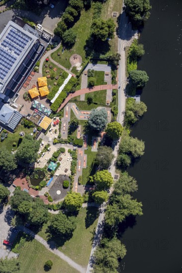 Aerial view, Zweibrücker Hof, Ruhrstrand 54 beer garden, mini golf, Herdecke, Ruhr area, North Rhine-Westphalia, Germany, beer garden, Corona crisis, Corona measures, DE, Europe, inn, gastronomy, green trees, hotel facilities, hotel business, aerial photography, aerial photography, aerial photography, mini golf course, restaurant, Riepe Ringhotel, overview, bird's eye view, birds-eyes view, overview