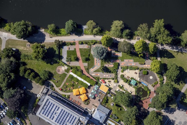 Aerial view, Zweibrücker Hof, Ruhrstrand 54 beer garden, mini golf, Herdecke, Ruhr area, North Rhine-Westphalia, Germany, beer garden, Corona crisis, Corona measures, DE, Europe, inn, gastronomy, green trees, hotel facilities, hotel business, aerial photography, aerial photography, aerial photography, mini golf course, restaurant, Riepe Ringhotel, overview, bird's eye view, birds-eyes view, overview