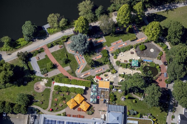 Aerial view, Zweibrücker Hof, Ruhrstrand 54 beer garden, mini golf, Herdecke, Ruhr area, North Rhine-Westphalia, Germany, beer garden, Corona crisis, Corona measures, DE, Europe, inn, gastronomy, green trees, hotel facilities, hotel business, aerial photography, aerial photography, aerial photography, mini golf course, restaurant, Riepe Ringhotel, overview, bird's eye view, birds-eyes view, overview