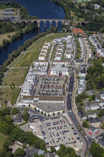 Aerial view, river Ruhr, Ruhr-Aue Center quarter, Ruhr-Viadukt, Herdecke, Ruhr area, North Rhine-Westphalia, Germany, DE, shopping place, shopping centre, Europe, property tax, real estate, aerial view, aerial photography, aerial photography, local supply centre, Ruhr-Viadukt Herdecke, overview, bird's eye view, living and working, living and life, residential area, residential buildings, residential quality, residential quarter, birds-eyes view, overview