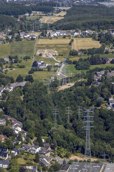 Aerial view, construction site power line with new high-voltage pylons, In der Erdbrügge, Herdecke, Ruhr area, North Rhine-Westphalia, Germany, construction work, construction area, construction site, construction project, construction site, DE, Europe, aerial view, aerial photography, aerial photography, power line, power pylons, power line, overview, bird's-eye view, forest area, birds-eyes view, overview