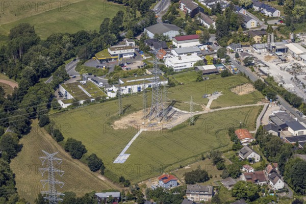 Aerial view, industrial area Gahlenfeld, construction site power line, end, Herdecke, Ruhr area, North Rhine-Westphalia, Germany, construction work, construction area, construction site, construction measure, construction project, construction site, DE, Europe, Gahlenfeld, Gahlenfeldstraße, commercial area, commercial park, industrial site, aerial photograph, aerial photography, aerial photography, overview, bird's-eye view, bird's-eye view, overview