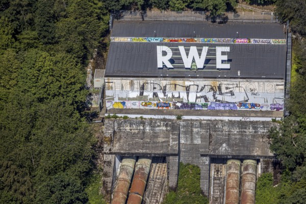 Aerial photo, graffiti, RWE pumped storage power plant Herdecke, Köpchenwerk, Herdecke, Ruhr area, North Rhine-Westphalia, Germany, DE, Europe, aerial photo, aerial photography, aerial photography, RWE, overview, bird's-eye view, bird's-eye view, overview
