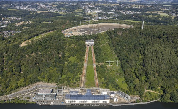 Aerial view, river Ruhr, RWE pumped storage power plant, Köpchenwerk, storage basin, Herdecke, Ruhr area, North Rhine-Westphalia, Germany, DE, Europe, Hengsteysee, aerial view, aerial photography, aerial photography, pumped storage power plant Köpchenwerk, RWE, lake, overview, bird's eye view, forest area, birds-eyes view, overview