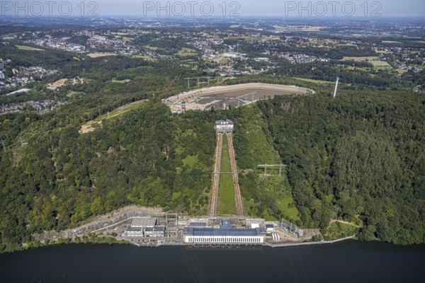 Aerial view, river Ruhr, RWE pumped storage power plant, Köpchenwerk, storage basin, Herdecke, Ruhr area, North Rhine-Westphalia, Germany, DE, Europe, Hengsteysee, aerial view, aerial photography, aerial photography, pumped storage power plant Köpchenwerk, RWE, lake, overview, bird's eye view, forest area, birds-eyes view, overview