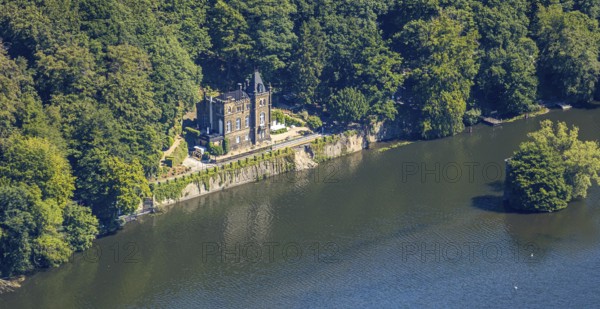 Aerial view, Seeschlösschen Niedernhof, Hengsteysee, Mäuseturm on an island in the Hengsteysee, Herdecke, Ruhr area, North Rhine-Westphalia, Germany, café, DE, food and drink, Europe, inn, gastronomy, island, aerial view, aerial photography, aerial photography, restaurant, lake, sight, tower, overview, bank wall, Villa Haus Erlenbroich, bird's eye view, birds-eyes view, formerly part of a bridge, historical, overview