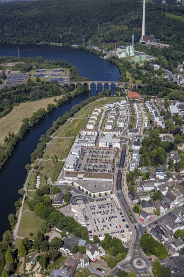 Aerial view, river Ruhr, Ruhr-Aue Center quarter, Ruhr-Viadukt, Herdecke, Ruhr area, North Rhine-Westphalia, Germany, Cuno power station, DE, shopping square, shopping centre, Europe, property tax, real estate, aerial photography, aerial photography, aerial view, local supply centre, Ruhr-Viadukt Herdecke, overview, bird's eye view, living and working, living and life, residential area, residential buildings, residential quality, residential quarter, birds-eyes view, overview