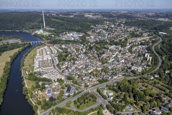 Aerial view, river Ruhr, Ruhr-Aue Center quarter, Ruhr-Viadukt, Herdecke, Ruhr area, North Rhine-Westphalia, Germany, Cuno power station, DE, shopping square, shopping centre, Europe, property tax, real estate, aerial photography, aerial photography, aerial view, local supply centre, Ruhr-Viadukt Herdecke, overview, bird's eye view, living and working, living and life, residential area, residential buildings, residential quality, residential quarter, birds-eyes view, overview