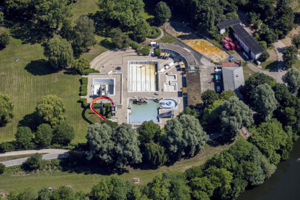 Aerial view, outdoor swimming pool Herdecke, empty swimming pool, Herdecke, Ruhr area, North Rhine-Westphalia, Germany, bathing establishment, bathing resort, Corona crisis, Corona measures, DE, Europe, outdoor swimming pool, leisure, aerial view, aerial photography, aerial photography, swimming pool, swimming pool, overview, bird's eye view, empty water pool, overview, currently closed