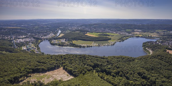 Aerial view, Harkortsee, view to Kaisberg Hagen-Vorhalle, campsite at Harkortsee, weather, Ruhr area, North Rhine-Westphalia, Germany, view to Hagen-Vorhalle, view to Herdecke, camping, camping site, DE, Europe, aerial view, aerial photography, aerial photography, Ruhr-Viadukt Herdecke, lake, overview, bird's-eye view, forest, forest area, forest damage, Wassersportverein und Campingverein Hagen e.V., birds-eyes view, overview