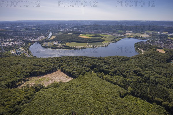 Aerial view, Harkortsee, view to Kaisberg Hagen-Vorhalle, campsite at Harkortsee, weather, Ruhr area, North Rhine-Westphalia, Germany, view to Hagen-Vorhalle, view to Herdecke, camping, camping site, DE, Europe, aerial view, aerial photography, aerial photography, Ruhr-Viadukt Herdecke, lake, overview, bird's-eye view, forest, forest area, forest damage, Wassersportverein und Campingverein Hagen e.V., birds-eyes view, overview