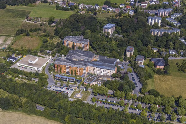 Aerial view, Community Hospital Herdecke, Waldorfkindergarten Herdecke, Herdecke, Ruhr area, North Rhine-Westphalia, Germany, General Hospital, DE, Europe, GKH Herdecke, Gerhard-Kienle-Weg, Healthcare, Property tax, Green trees, High-rise buildings, Hospital, Real estate, Clinic, clinic, hospital, aerial view, aerial photography, aerial photography, medical facility, medical help, overview, bird's eye view, living and life, residential area, residential buildings, anthroposophic medicine, birds-eyes view, holistic medicine, overview, medical care