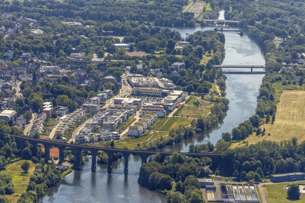 Aerial view, Quartier Ruhr-Aue Center, Ruhr promenade, Ruhr river, Ruhr viaduct Herdecke, Ruhr bridge Herdecke, Herdecke, Ruhr area, North Rhine-Westphalia, Germany, bridge Hagener Straße, DE, shopping centre, shopping markets, shopping square, shopping centre, railway bridge, Europe, commercial buildings, property tax, real estate, aerial view, aerial photography, aerial photography, local supply centre, Quartier Ruhr-Aue, Ruhraue, overview, bird's-eye view, living and working, living and life, residential area, residential buildings, residential quality, residential quarter, birds-eyes view, overview