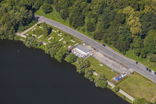 Aerial view, Klute's Minigolf Oasis, beach path at the river Ruhr, Wetterstraße, Herdecke, Ruhr area, North Rhine-Westphalia, Germany, DE, Europe, leisure centre, leisure activities, aerial view, aerial photography, aerial photography, minigolf course, sports, overview, bird's eye view, forest area, birds-eyes view, overview