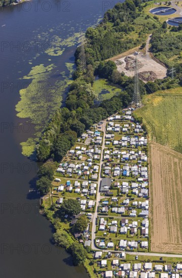 Aerial view, camping site at Harkortsee, Vorhalle, Hagen, Ruhr area, North Rhine-Westphalia, Germany, camping, camping site, camping caravan, camping site, DE, Europe, leisure, hobby, aerial photography, aerial photography, aerial photography, overview, bird's eye view, Wassersportverein und Campingverein Hagen e.V., motorhome, caravan, birds-eyes view, camping, overview
