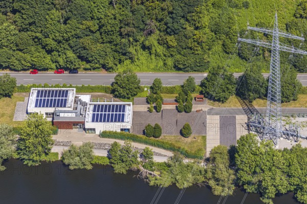 Aerial view, Mark-E Cuno Forum, Strandweg, Wetterstraße, Herdecke, Ruhr area, North Rhine-Westphalia, Germany, DE, energy, Europe, river Ruhr, history of energy production, power plant site, aerial view, aerial photography, aerial photography, power line, overview, bird's-eye view, forest area, birds-eyes view, overview