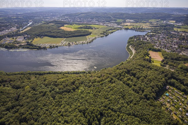 Aerial view, Harkortsee, view to Kaisberg Hagen-Vorhalle, campsite at Harkortsee, Wetter, Ruhr area, North Rhine-Westphalia, Germany, view to Hagen-Vorhalle, view to Herdecke, view to Wetter, camping, camping site, DE, Europe, Harkortturm, aerial view, aerial photography, aerial photography, lake, overview, bird's-eye view, forest area, Wassersportverein und Campingverein Hagen e.V., birds-eyes view, overview