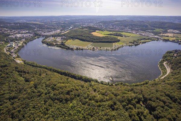 Aerial view, Harkortsee, view to Kaisberg Hagen-Vorhalle, campsite at Harkortsee, weather, Ruhr area, North Rhine-Westphalia, Germany, view to Hagen-Vorhalle, view to Herdecke, camping, camping site, DE, Europe, aerial view, aerial photography, aerial photography, Ruhr-Viadukt Herdecke, lake, overview, bird's-eye view, forest area, Wassersportverein und Campingverein Hagen e.V., birds-eyes view, overview