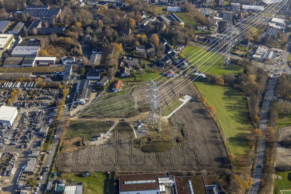 Aerial photo, construction power line Dortmund-Hagen, power pylons, high voltage, Ostend, Herdecke, Ruhr area, North Rhine-Westphalia, Germany, DE, Europe, birds-eyes, view, aerial photo, aerial photography, aerial photography, overview, overview, bird's eye view, power supply, energy, energy supply, power line